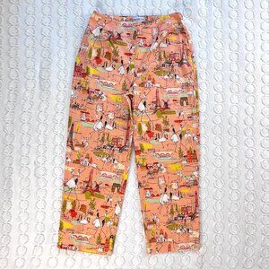 VTG Women's Pants Size 8 High Waist Cropped Travel Paris Print Peach Vacation